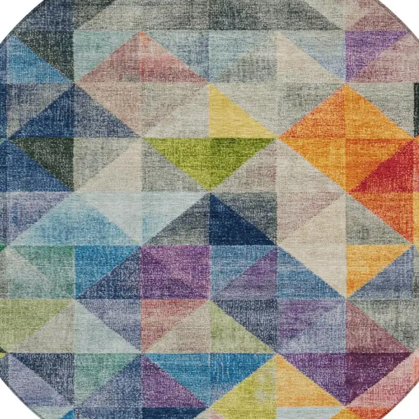 8' Beige Navy Blue And Orange Round Geometric Washable Indoor Outdoor Area Rug Photo 4