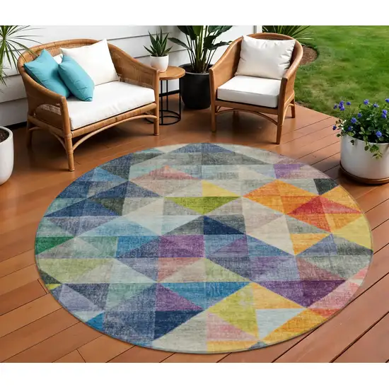 8' Beige Navy Blue And Orange Round Geometric Washable Indoor Outdoor Area Rug Photo 2