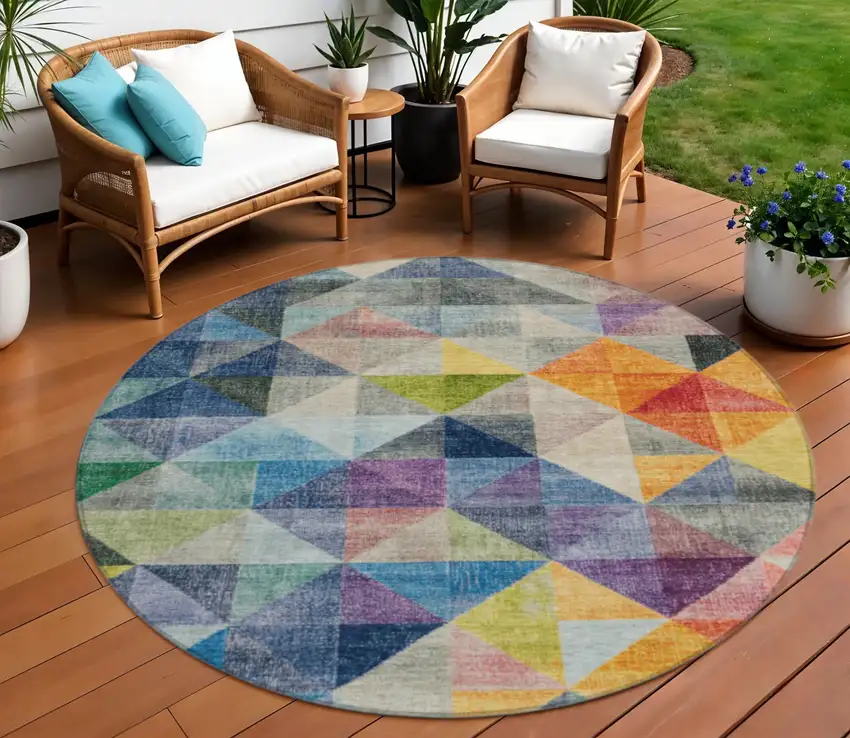 8' Beige Navy Blue And Orange Round Geometric Washable Indoor Outdoor Area Rug Photo 2