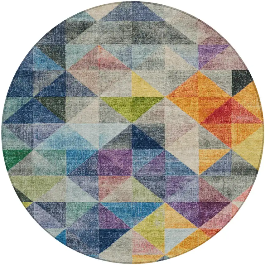 8' Beige Navy Blue And Orange Round Geometric Washable Indoor Outdoor Area Rug Photo 1