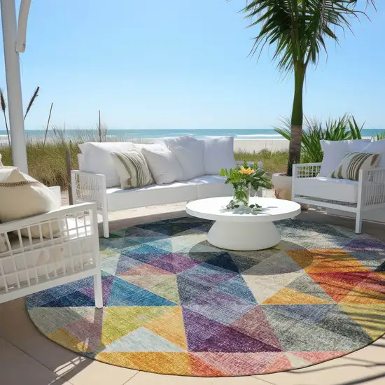 8' Beige Navy Blue And Orange Round Geometric Washable Indoor Outdoor Area Rug Photo 5