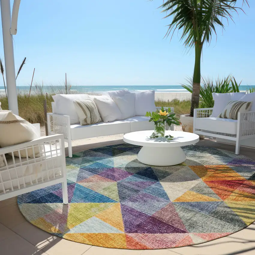 8' Beige Navy Blue And Orange Round Geometric Washable Indoor Outdoor Area Rug Photo 5