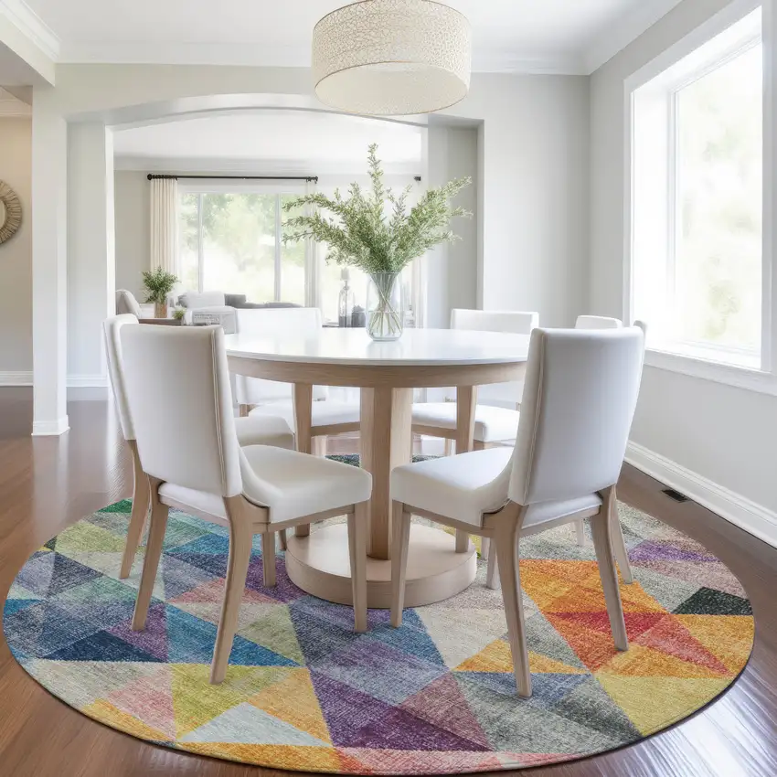 8' Beige Navy Blue And Orange Round Geometric Washable Indoor Outdoor Area Rug Photo 6