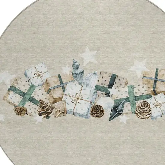 8' Beige Navy Blue Ivory And Taupe Round Geometric Washable Indoor Outdoor Area Rug Photo 4