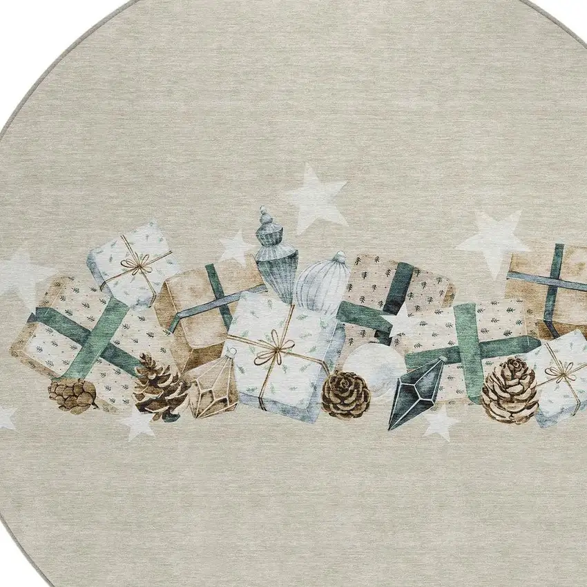 8' Beige Navy Blue Ivory And Taupe Round Geometric Washable Indoor Outdoor Area Rug Photo 4