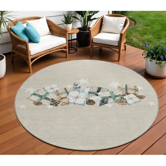 8' Beige Navy Blue Ivory And Taupe Round Geometric Washable Indoor Outdoor Area Rug Photo 2