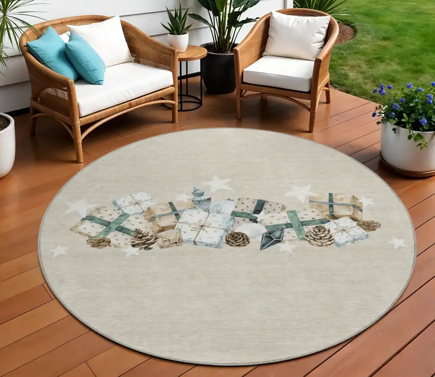 8' Beige Navy Blue Ivory And Taupe Round Geometric Washable Indoor Outdoor Area Rug Photo 2