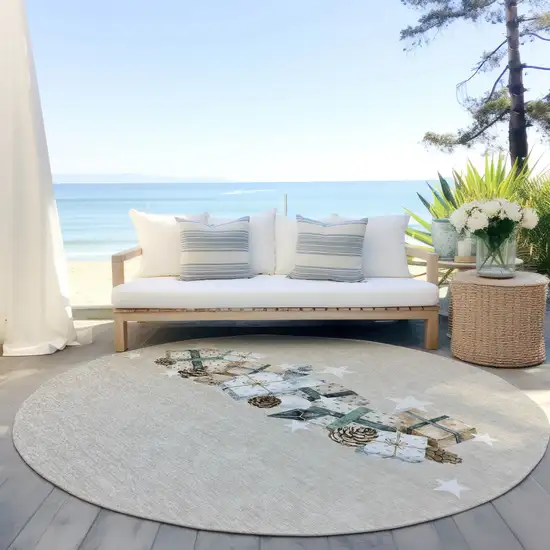 8' Beige Navy Blue Ivory And Taupe Round Geometric Washable Indoor Outdoor Area Rug Photo 5