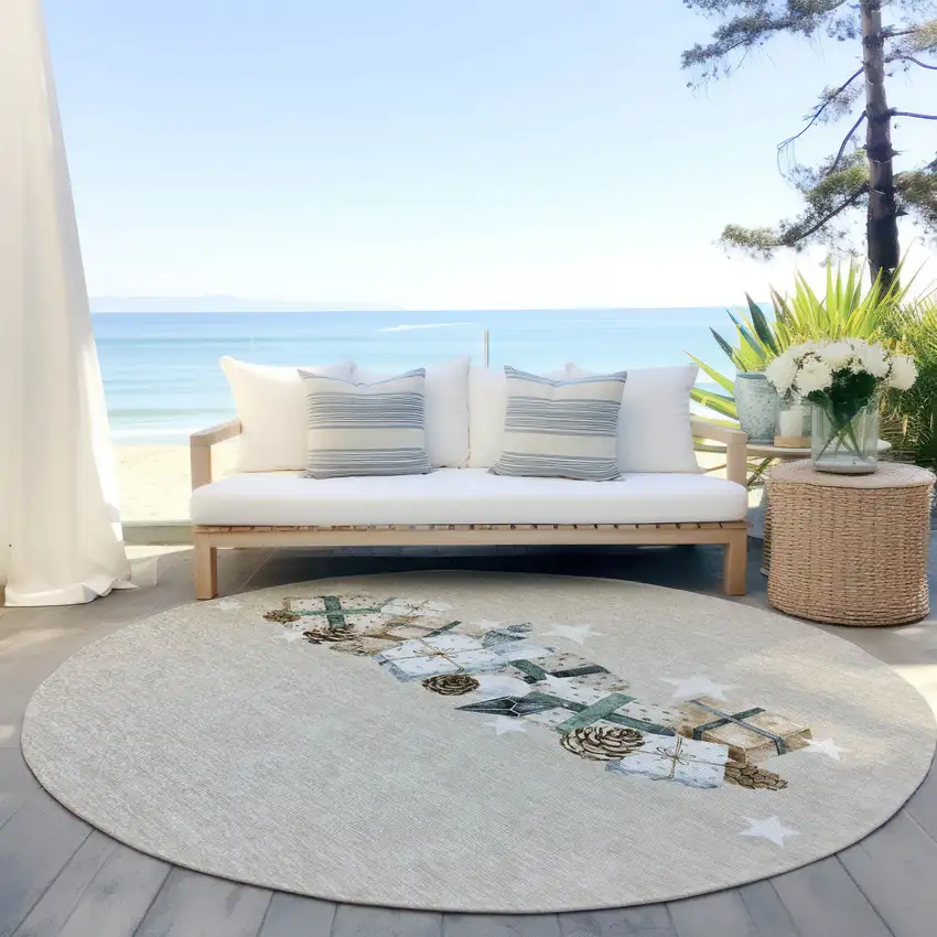 8' Beige Navy Blue Ivory And Taupe Round Geometric Washable Indoor Outdoor Area Rug Photo 5