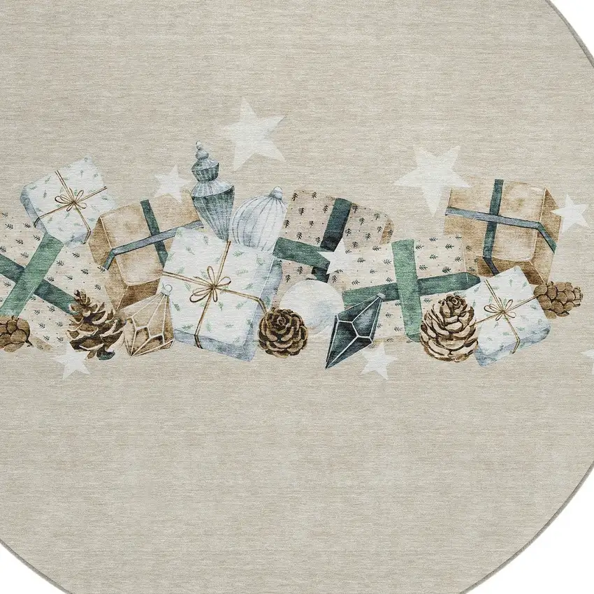 8' Beige Navy Blue Ivory And Taupe Round Geometric Washable Indoor Outdoor Area Rug Photo 8