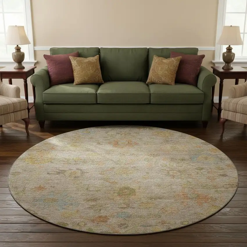 8' Beige Orange And Blue Floral Washable Round Rug With UV Protection Photo 2