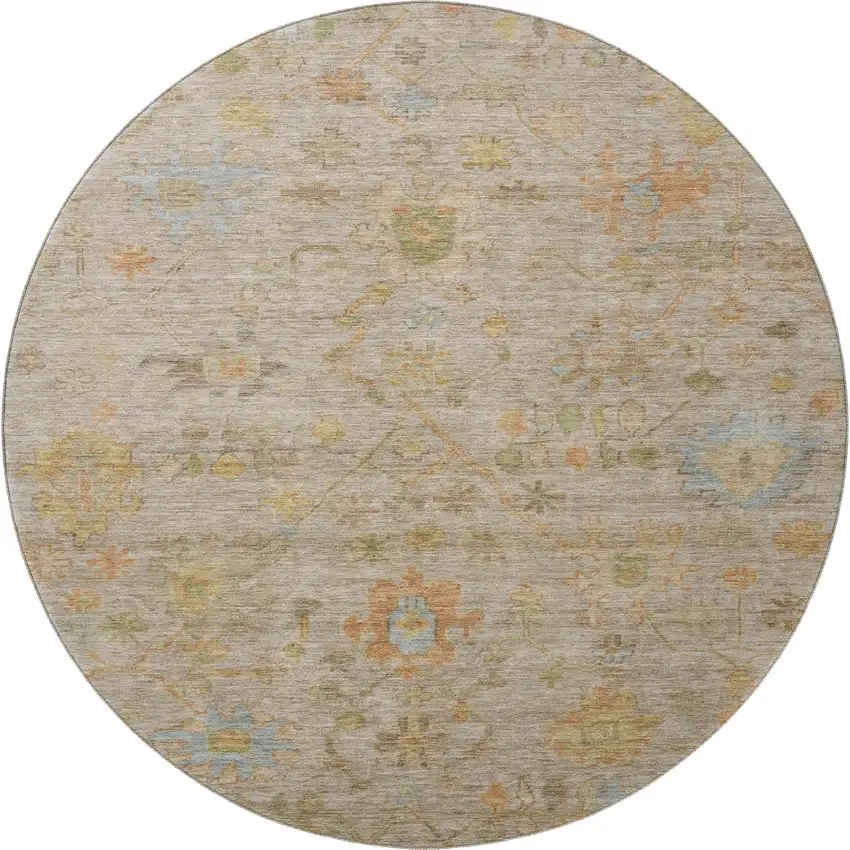 8' Beige Orange And Blue Floral Washable Round Rug With UV Protection Photo 4