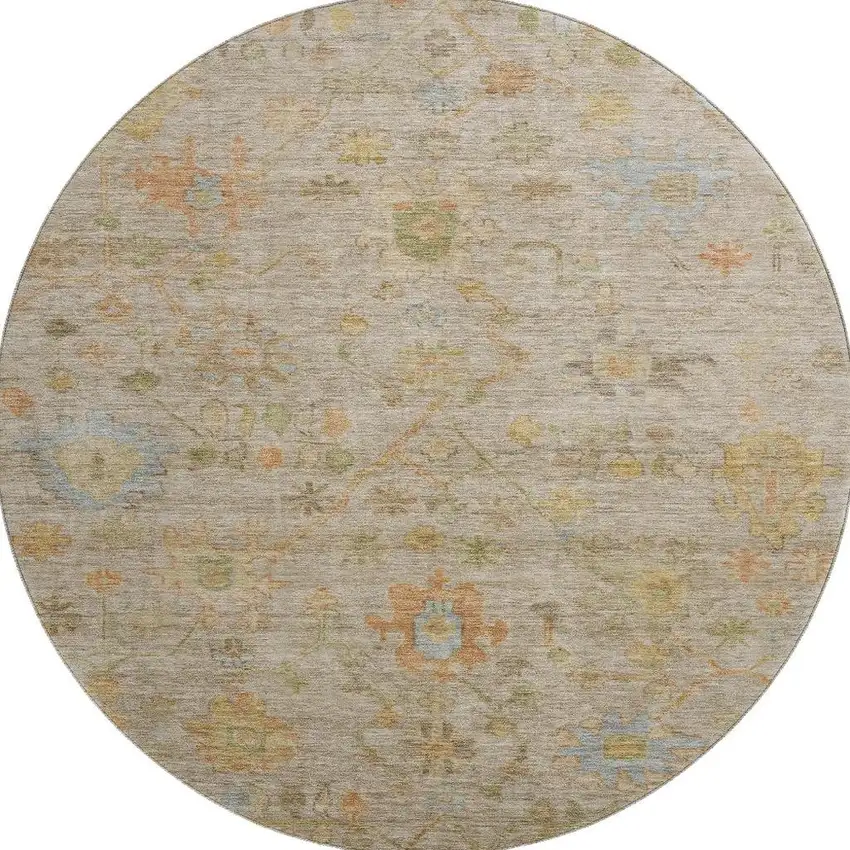 8' Beige Orange And Blue Floral Washable Round Rug With UV Protection Photo 3
