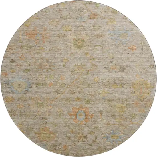 8' Beige Orange And Blue Floral Washable Round Rug With UV Protection Photo 1