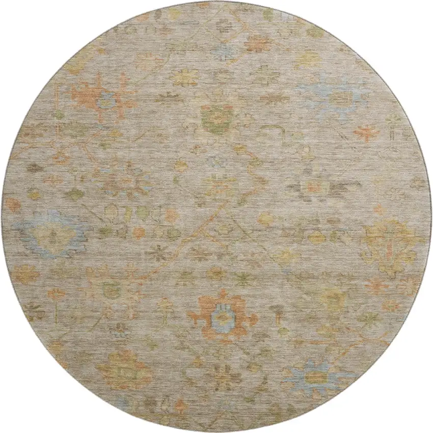 8' Beige Orange And Blue Floral Washable Round Rug With UV Protection Photo 1