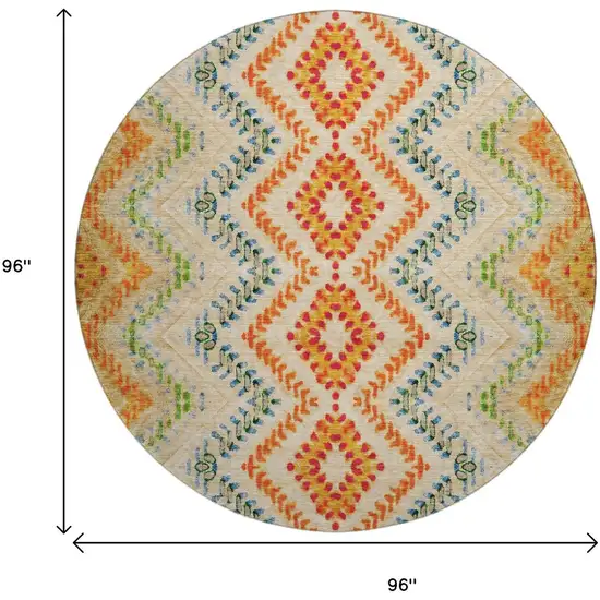 8' Beige Orange And Blue Geometric Washable Round Rug With UV Protection Photo 9