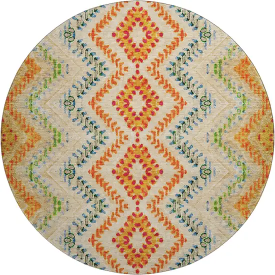 8' Beige Orange And Blue Geometric Washable Round Rug With UV Protection Photo 1