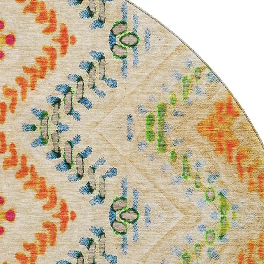 8' Beige Orange And Blue Geometric Washable Round Rug With UV Protection Photo 2