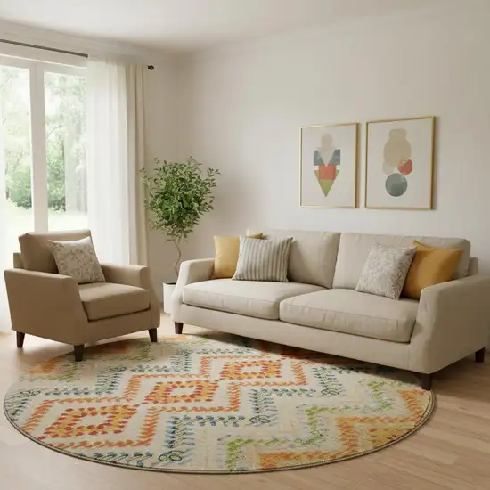 8' Beige Orange And Blue Geometric Washable Round Rug With UV Protection Photo 1