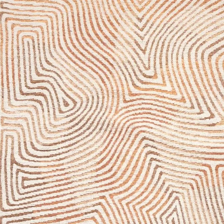 5' Beige Orange And Brown Geometric Washable Round Rug With UV Protection Photo 3