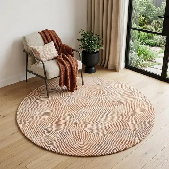 5' Beige Orange And Brown Geometric Washable Round Rug With UV Protection Photo 1