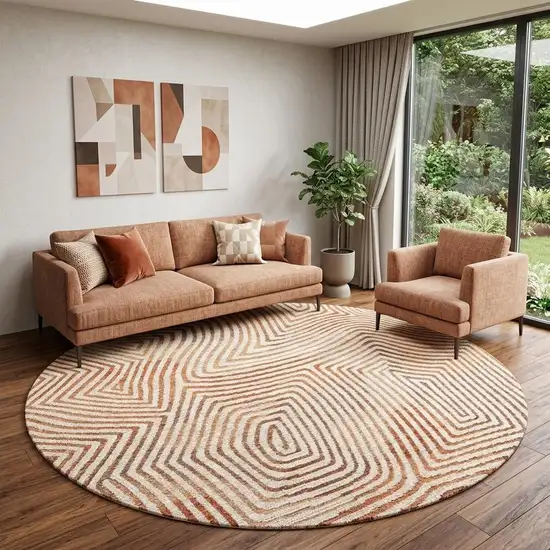 8' Beige Orange And Brown Geometric Washable Round Rug With UV Protection Photo 1