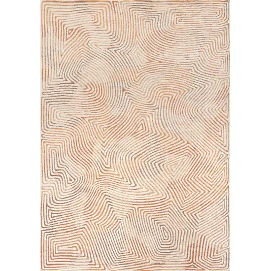 8' Beige Orange And Brown Geometric Washable Round Rug With UV Protection Photo 6