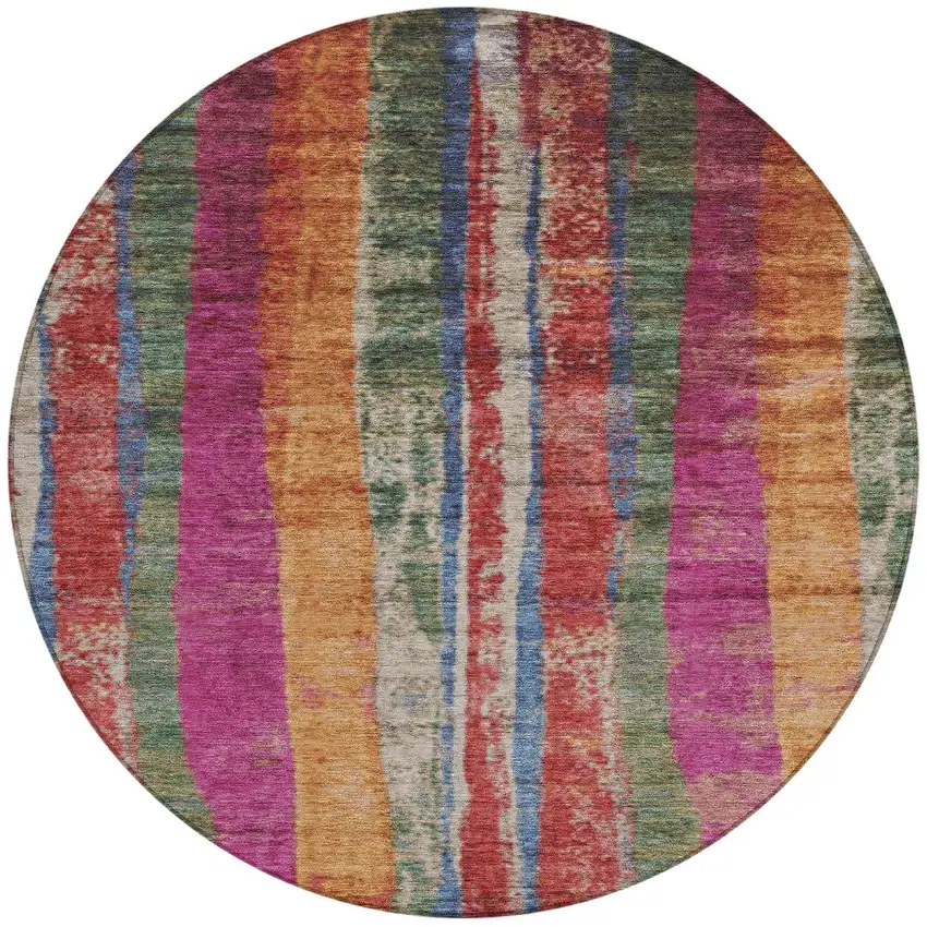 8' Beige Orange And Fern Green Round Striped Washable Indoor Outdoor Area Rug Photo 3