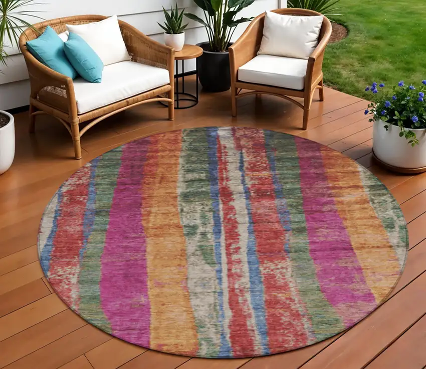 8' Beige Orange And Fern Green Round Striped Washable Indoor Outdoor Area Rug Photo 2