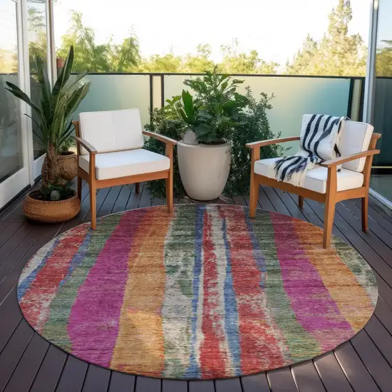 8' Beige Orange And Fern Green Round Striped Washable Indoor Outdoor Area Rug Photo 6