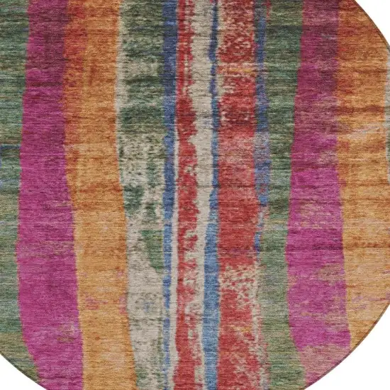 8' Beige Orange And Fern Green Round Striped Washable Indoor Outdoor Area Rug Photo 4