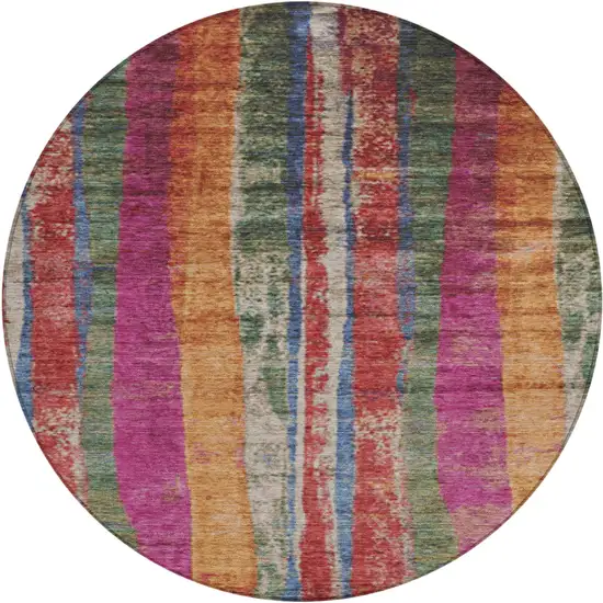 8' Beige Orange And Fern Green Round Striped Washable Indoor Outdoor Area Rug Photo 1