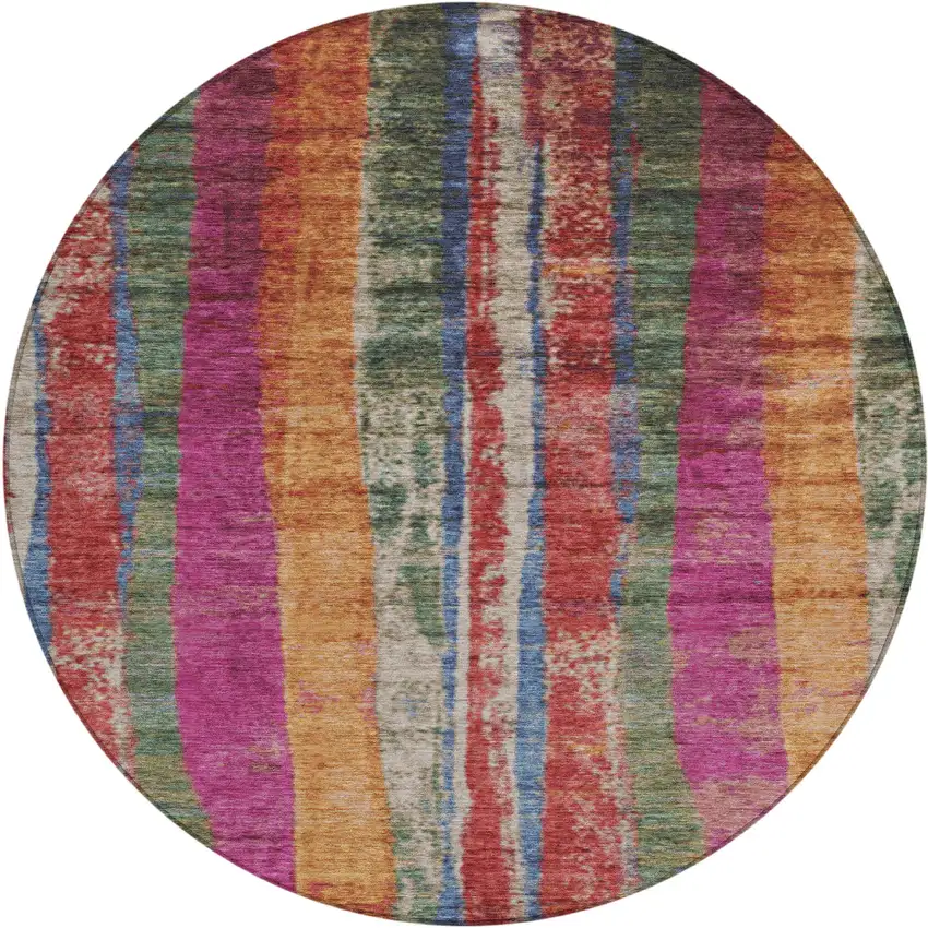 8' Beige Orange And Fern Green Round Striped Washable Indoor Outdoor Area Rug Photo 1