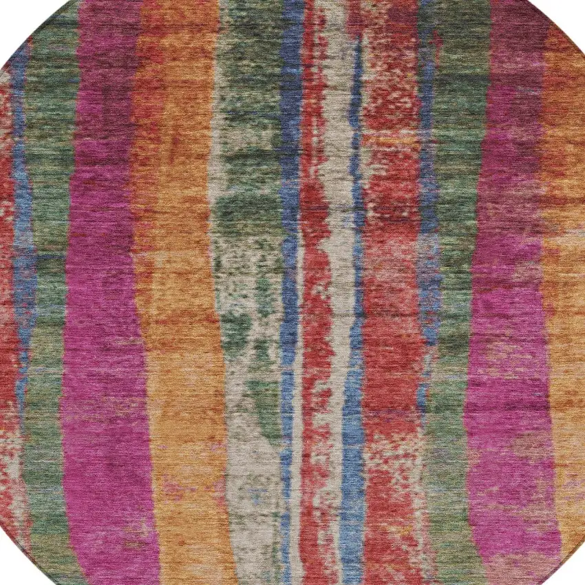 8' Beige Orange And Fern Green Round Striped Washable Indoor Outdoor Area Rug Photo 9