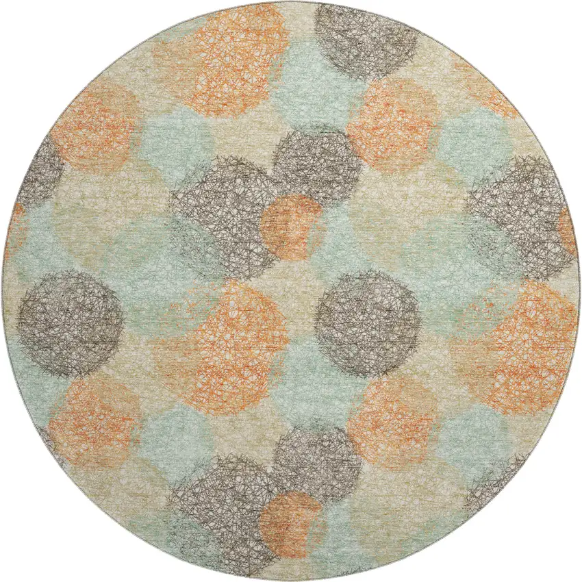 8' Beige Orange And Ivory Abstract Washable Round Rug With UV Protection Photo 1