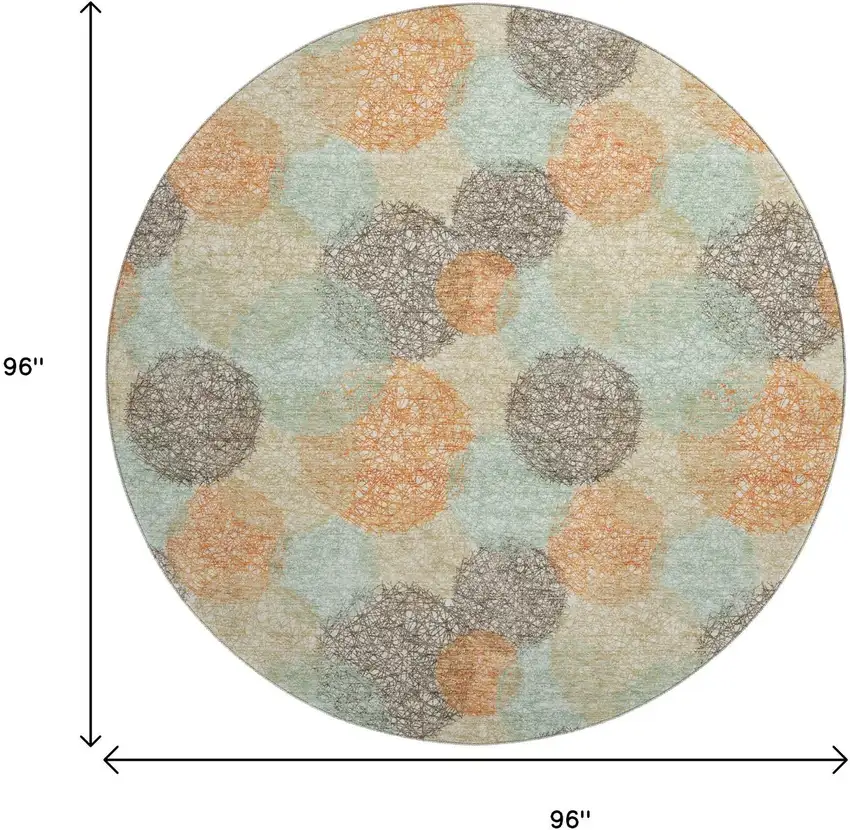 8' Beige Orange And Ivory Abstract Washable Round Rug With UV Protection Photo 9