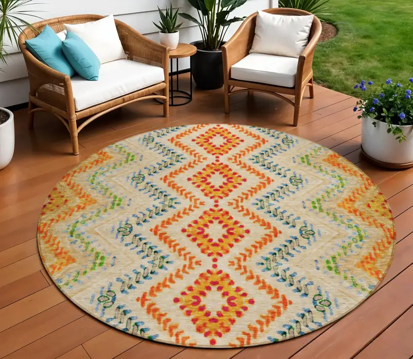 8' Beige Orange And Red Round Geometric Washable Indoor Outdoor Area Rug Photo 1