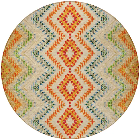 8' Beige Orange And Red Round Geometric Washable Indoor Outdoor Area Rug Photo 6