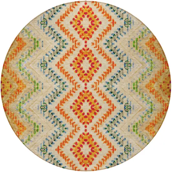 8' Beige Orange And Red Round Geometric Washable Indoor Outdoor Area Rug Photo 6