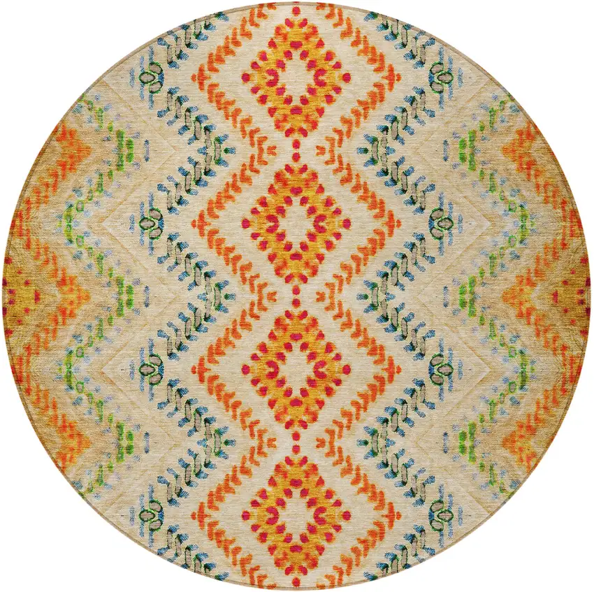 8' Beige Orange And Red Round Geometric Washable Indoor Outdoor Area Rug Photo 6