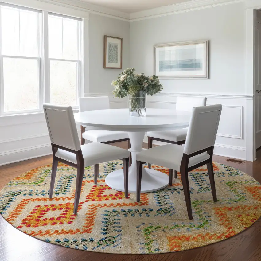 8' Beige Orange And Red Round Geometric Washable Indoor Outdoor Area Rug Photo 8