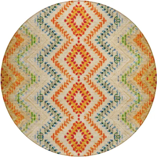 8' Beige Orange And Red Round Geometric Washable Indoor Outdoor Area Rug Photo 2