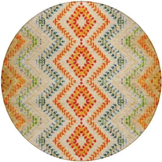 8' Beige Orange And Red Round Geometric Washable Indoor Outdoor Area Rug Photo 2