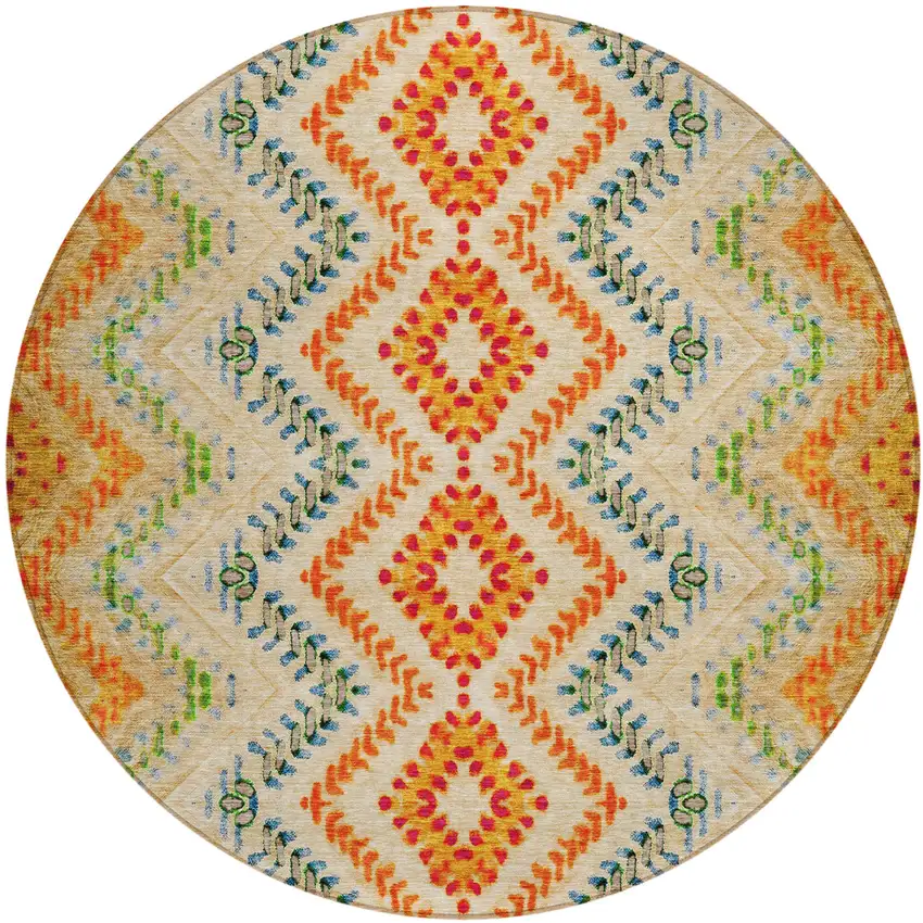 8' Beige Orange And Red Round Geometric Washable Indoor Outdoor Area Rug Photo 2