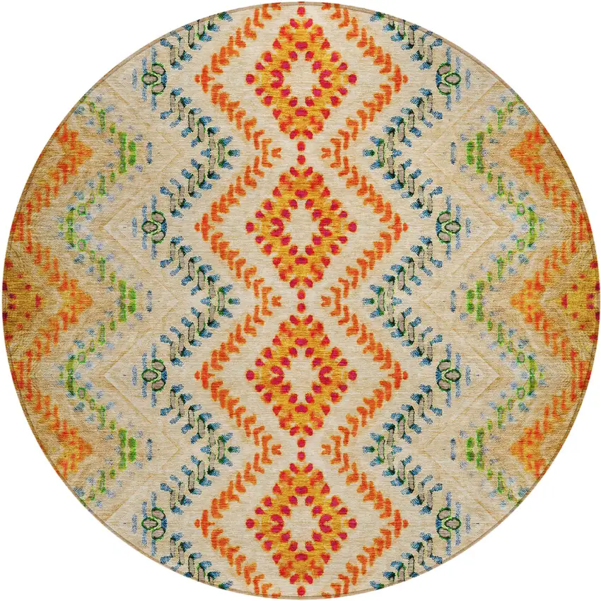 8' Beige Orange And Red Round Geometric Washable Indoor Outdoor Area Rug Photo 2