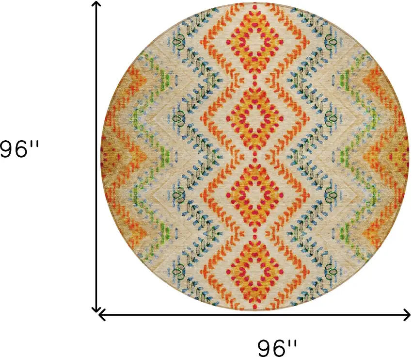 8' Beige Orange And Red Round Geometric Washable Indoor Outdoor Area Rug Photo 3