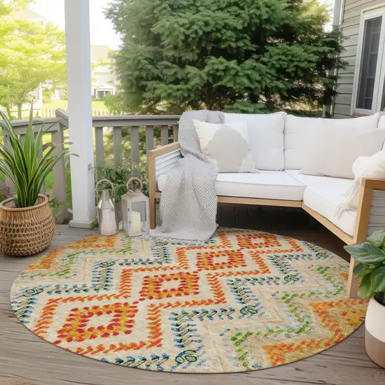 8' Beige Orange And Red Round Geometric Washable Indoor Outdoor Area Rug Photo 7