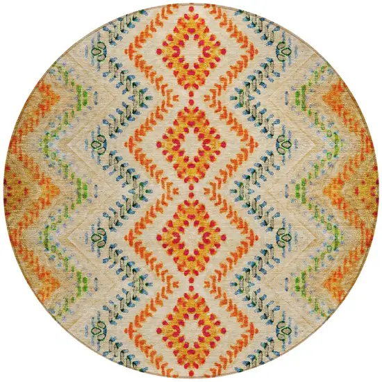 8' Beige Orange And Red Round Geometric Washable Indoor Outdoor Area Rug Photo 5