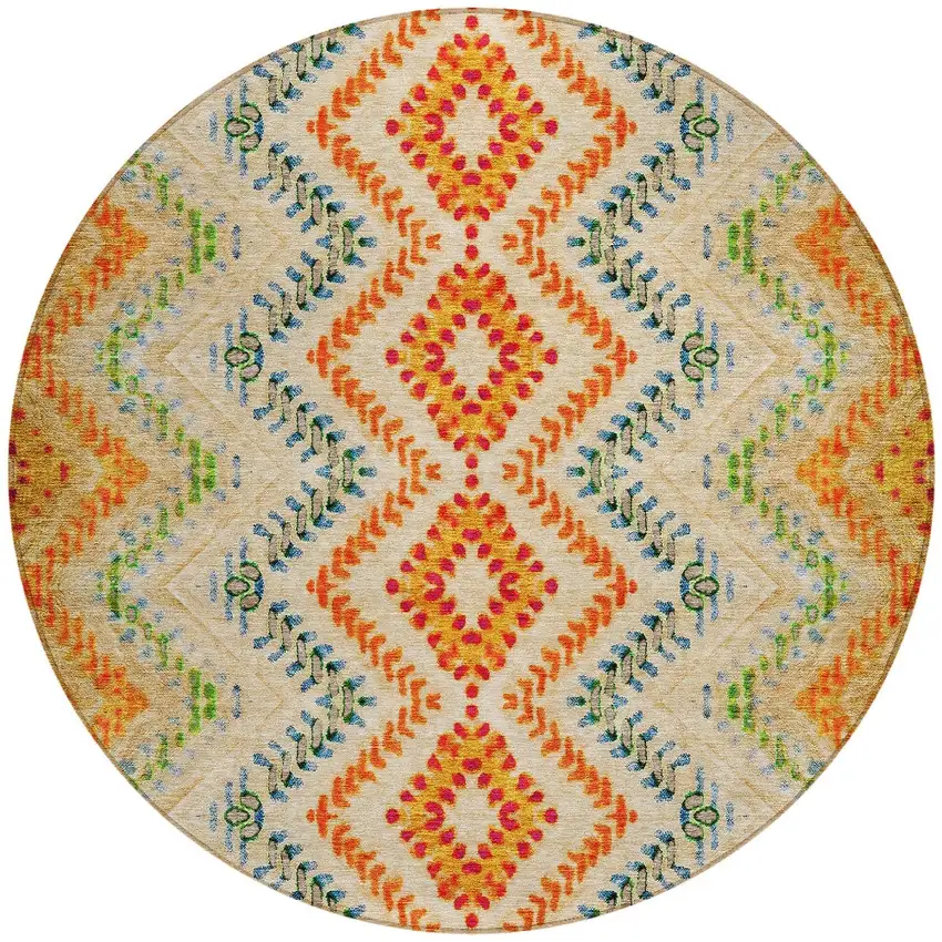 8' Beige Orange And Red Round Geometric Washable Indoor Outdoor Area Rug Photo 5