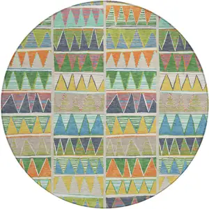 Photo of 8' Beige Orange Lime Green And Teal Blue Round Geometric Washable Indoor Outdoor Area Rug